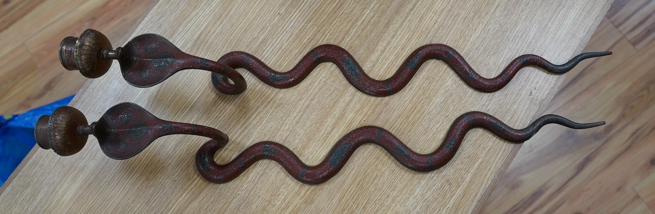 A pair of Indian Benares enamelled brass cobra wall sconces, 79cm high. Condition - lower end of tail on one chipped
